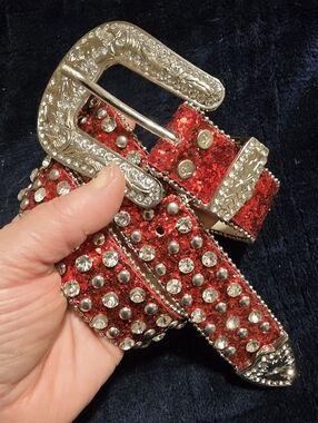 Girl's Red Glitter Crystal Stud Western Belt Small 4 6